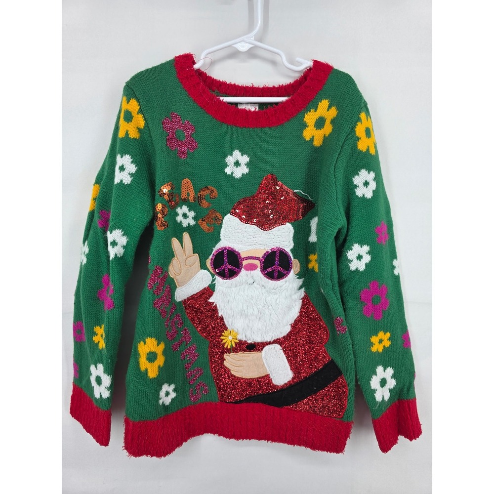 Holiday Time Girls Peace Santa Christmas Sweater Green Pink Sequin Size M 7-8